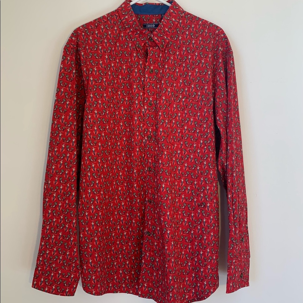Izod Surfing Santa Clause Button Down Shirt Men’s Large Cotton